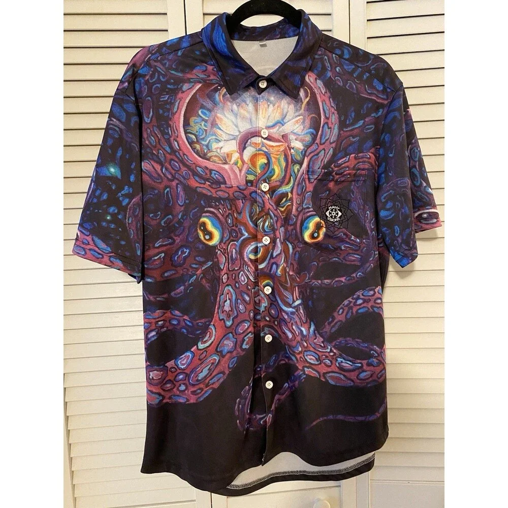 Many Visions Octopus Graphic Festival Button-Up Short Sleeve Men's L Multicolor